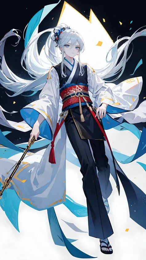 floating，((Flute))，Hair Bunch，High Ponytail，antiquity，Hanfu，White long hair，male，(masterpiece), 独奏,best quality, Full body portrait，full body,(depth of field), beautifully painted, highly detailed, (illustration),White long hair,((young man)),((handsome fa...