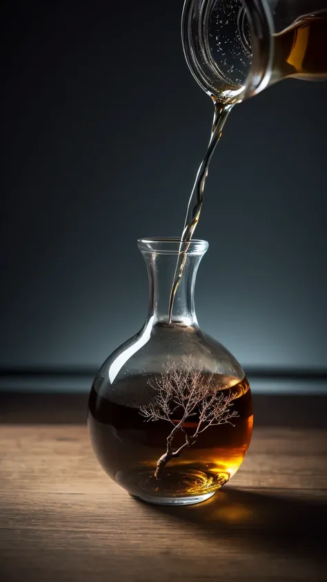 black color tree in a whisky glass, fluffy, Realistic, Refraction of atmospheric light, photograph：Lee Jeffries, Nikon d850 film stock photos 4 kodak portra 400 camera f1.6 Lenses, Rich colors, ultra Realistic Realistic textures, Dramatic lighting, Unreal ...