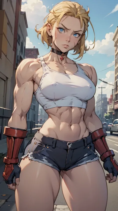 cammy sf6, choker, 1 girl, standing alone, looking ahead at viewer, blue colored eyes, scar on the face, red gloves, scar on cheek, muscular, antenna hair, hand on hip, black choker, thick-thighs, hair blonde, gloves fingerless, shorth hair, thick-thighs, ...