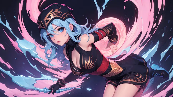 league of legends Ashe, warrior, (masterpiece, best quality), beautiful woman, soft light, hakama, short skirt, (cleveage), (off-the-shoulder clothes),wavy hair, asymmetrical bangs, perfect face, beautiful face, alluring, big gorgeous eyes, soft smile, per...