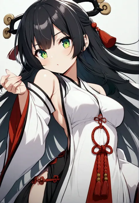 Anime girl, Long black hair, green eyes,aesthetic body, taoist clothes