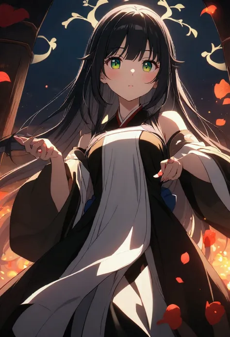 Anime girl, Long black hair, green eyes,aesthetic body, taoist clothes