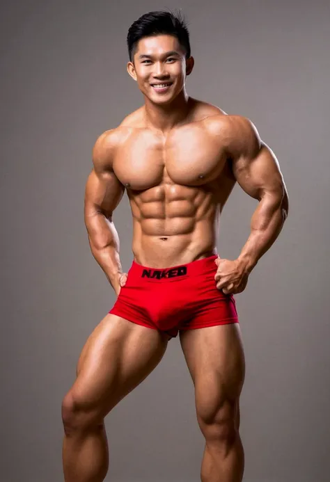 naked hairy thai model asian, smile,wear red underwear,sexy, hyper muscular, six pack, full body shooting , body builder , flexing muscle 