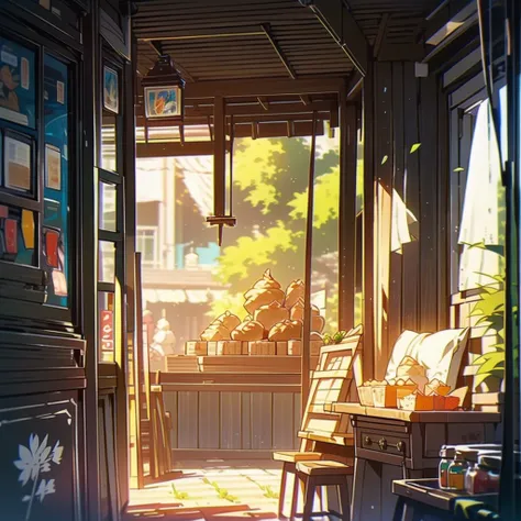 Envision a bustling anime-inspired street scene featuring a charming food shop, brimming with intricate details and a vibrant array of items:
- Start with the corner location of the cozy eatery, its signboard displaying a stylized kanji character for "cafe...