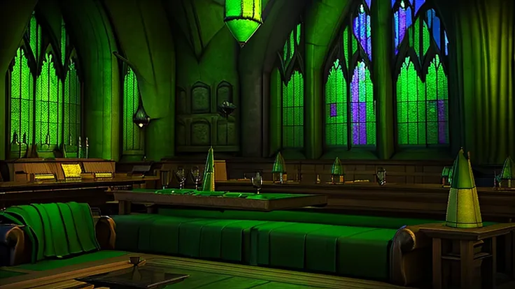 slytherin common room,hogwarts,fantasy,green curtain,located underground,large windows,green light,dim,moody,sofa,luxurious long...