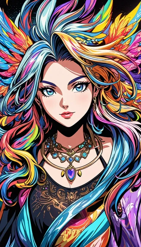 close-up of a woman with rich and colorful hair and necklace, anime girl with long space hair, ross brings out a soft vibrancy, ...