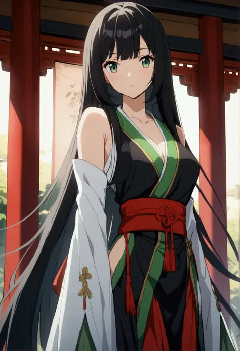 Anime woman, Long black hair, green eyes,aesthetic body, taoist clothes