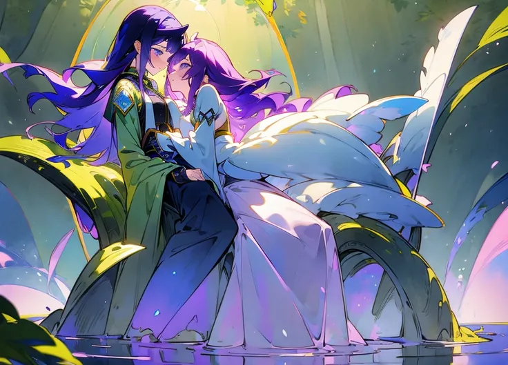 Two girls touching lips，A girl with purple hair，Transparent purple eyes，Another girl with yellow hair，Clear blue eyes，Medieval Lolita Style Clothing，Sit and hug，Look at each other affectionately，Cool，Violet，iris，Sunshine，Surrounded by greenery，Transparent ...