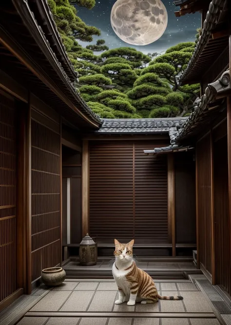 A brown-and-white tabby cat yokai that represents the personification of an old Japanese samurai、Wearing Yamato samurai armor、Dressed in kimono、In front of the ruined shrine、West Shot、Moonlit Night、lush vegetation、Old tales、Like a Japanese period film、8K、1...