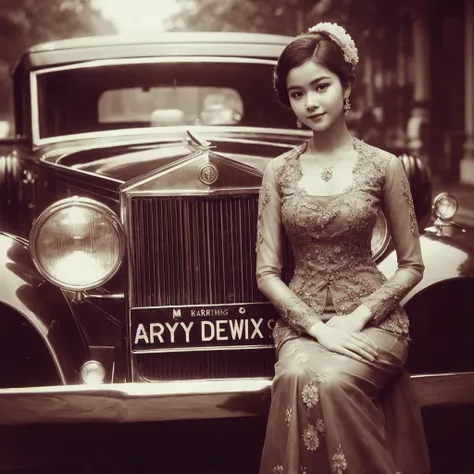 Arafed photo of a young Indonesian girl wearing a kebaya inspired by RA Kartini, kebaya photo, old sepia photography, beautiful young girl, vintage photography, kebaya photo. graceful and charming pose next to a limousine. number plate with text Aryy Dewix...