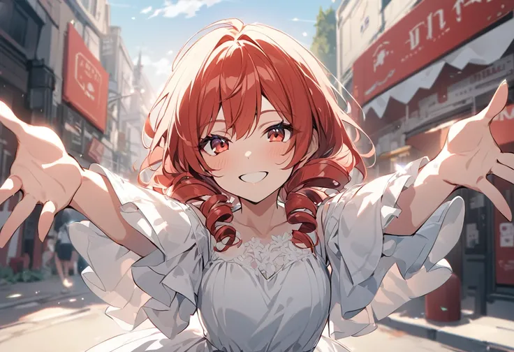 score_9, score_8_superior, score_7_superior, sauce_anime, One girl,Red eyes,smile, Outdoor, Highest quality,  Redhead, Ringlet, Outstretched arms, Portraiture,  White sundress,