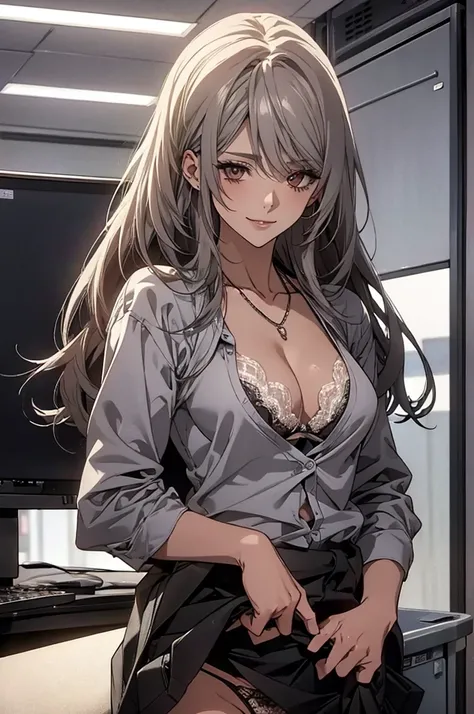 (Highest quality, High resolution, Very detailed), Silver Hair, Long Hair, Reddish brown eyes, office staff suit skirt, lace thong bra, Large Breasts, necklace, secretary, 24th generation, Beautiful woman, mature, quiet, Calm, A small smile, office,