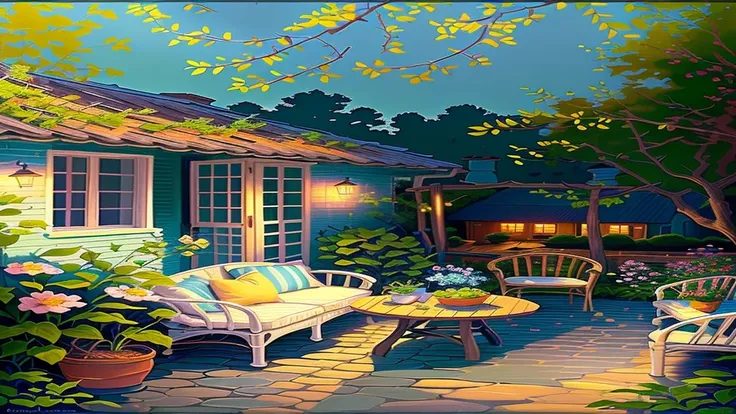 painting of a patio with a table and chairs and a table with flowers, serene evening atmosphere, summer afternoon, cottagecore!!, idyllic cottage, evening ambience, soothing and cozy landscape, cozy and peaceful atmosphere, cosy enchanted scene, thomas kin...