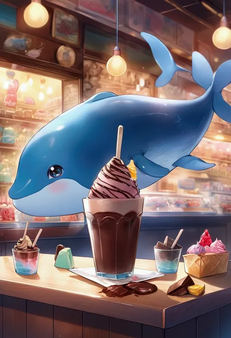 Very cute and appealing anthropomorphic blue whale paper cup popsicles, Chocolate icing, Dessert shop background，kawaii, looking at viewert, Cinematic lighting, Fantasy art, Dynamic composition, epic realistic, Award-winning food pet illustration