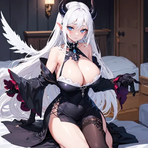 masterpiece, best quality, finely detailed, 1 girl, (bishoujo), cute, (huge boobs), (cleavage), demon girl, white hair, gray horns, blue eyes, black gloves, white shirt with black dress, one piece clothing, wingless, full body, teasing gaze