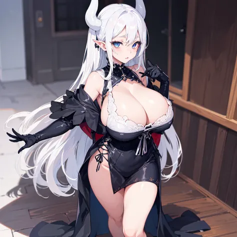 masterpiece, best quality, finely detailed, 1 girl, (bishoujo), cute, (huge boobs), (cleavage), demon girl, white hair, gray horns, blue eyes, black gloves, white shirt with black dress, one piece clothing, wingless, full body, teasing gaze