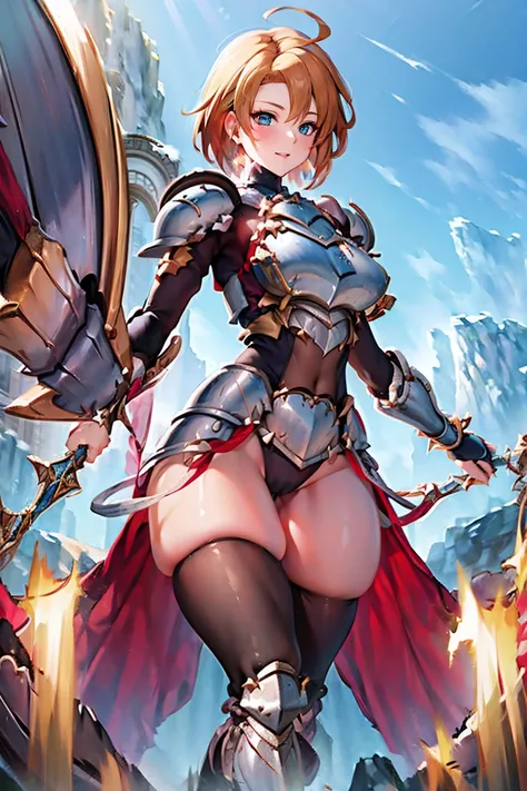 jewelry, bodysuit, fingerless gloves, knight, highleg, (((skin tight))), vambraces, arm guards, (((faulds))), greaves, 1girl,solo,　gauntlets, armored boots, breastplate, pauldrons, shoulder armor, big armors, thighhighs, dare thighs, short hair, pink hair,...