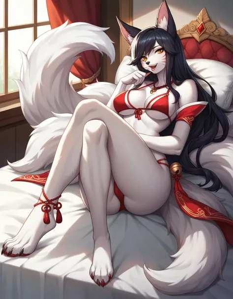 Solo, score_9,score_8_up,score_7_up, acore_6_up, score_5_up,  source_furry, Anthro,  kemono style, ahri from league of legends, she’s an Anthro furry white fox girl, anthro furry fox, long black hair, white furry body, black fox ears, indoors, wearing only...