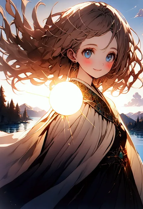 1 girl, Happy expression, Charming eyes, Long straight hair, floating long dress, Large target, Watching the Sun, A calm gesture, Porcelain skin, faint blush, Crystal PendantBREAK Golden Hour, (Edge lighting): 1.2, Cool colors, Solar flares, Soft shadows, ...