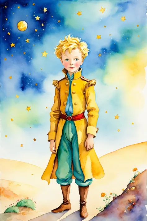 Oil painting and watercolor,"The Little Prince&#39;s Starry Night" In this sea of stars,A pair of gentle hands caressing the moon,Just like protecting delicate life,The Little Prince talks to the stars and the moon with his sincere heart. The moonlight blo...