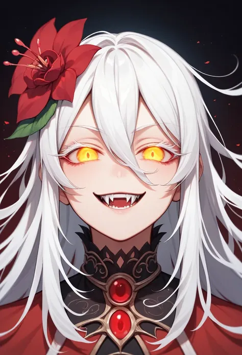 score_9,score_8_up, score_7_up, score_6_up, score_5_up, smile, vampire, vampire teeth, masterpiece, best quality, Cinematic, Fancy effects, 1boy, Intricate details, white hair, long hair, shiny hair, shiny skin, detailed eyes, hd eyes, beautiful eyes, goth...