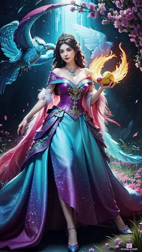 a woman in a colorful dress holding a large bird, 8k high quality detailed art, a beautiful fantasy empress, detailed digital, , 4k highly detailed digital art, detailed fantasy digital art, colorfull digital fantasy art, detailed painting 4 k, 2. 5 d  fan...