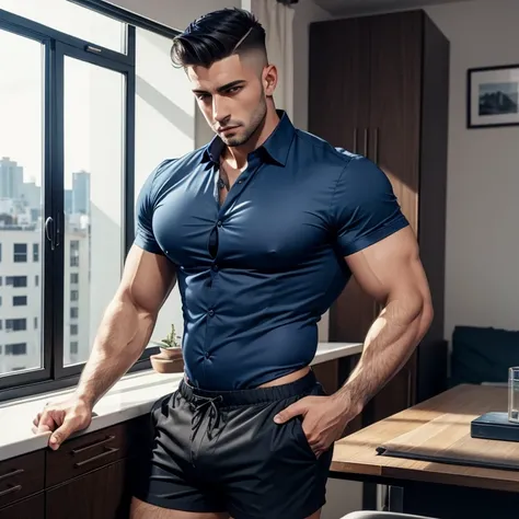 a very handsome man, with a Mid fade haircut, wearing a dark blue shirt and shorts with a massively large bulge, in an apartment