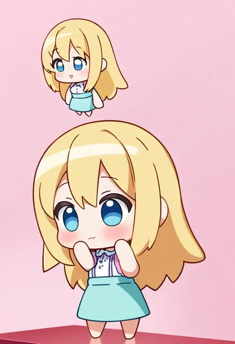 1girl, blonde hair, one length hair, blue eyes, shirt, skirt, room, masterpiece, best quality, absurdres, cowboy shot, anime style, nendoroid-inspired, chibi, super-deformed, oversized head, tiny body, stubby limbs, round face, large expressive eyes, small...