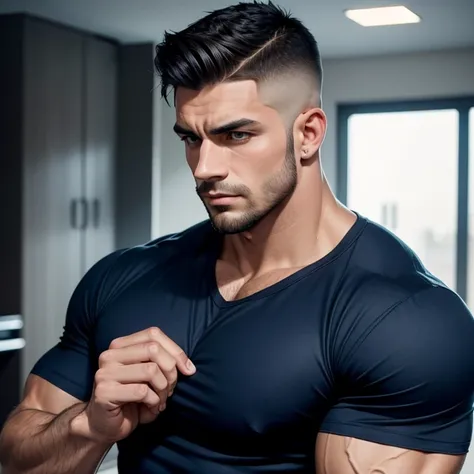 a very handsome man, with a Mid fade haircut, wearing a dark blue shirt, massively muscular, with massively large muscles