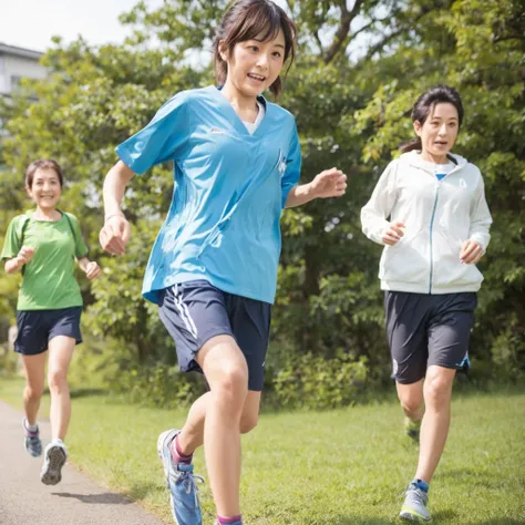 (High-quality depiction+Detailed Description)、Japanese elderly women and men running