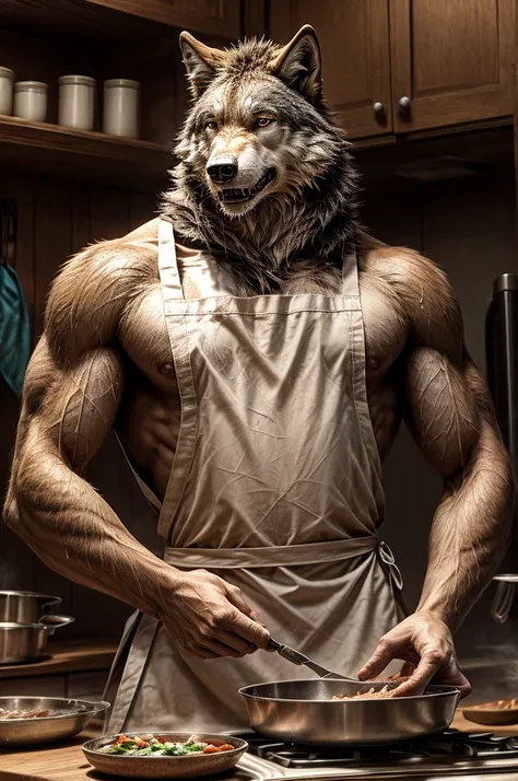 wolf, male, all body, sweating, semen, realistic,  (full nude, only apron,) cooking, 