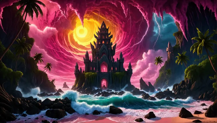 (mysterious eerie tropical island citadel with intricate architecture:1.2), rocks and crushing waves), (yellow-pink thunderstorm...