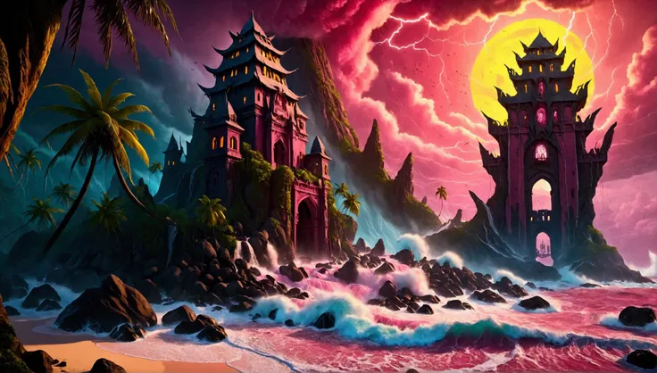 (Mysterious eerie tropical island citadel with intricate architecture:1.2), rocks and crushing waves), (yellow-pink thunderstorm with emerging eerie werewolf:1.3), masterpiece in maximum 16K resolution, best quality, ultra detailed, aesthetics, absurdes.
