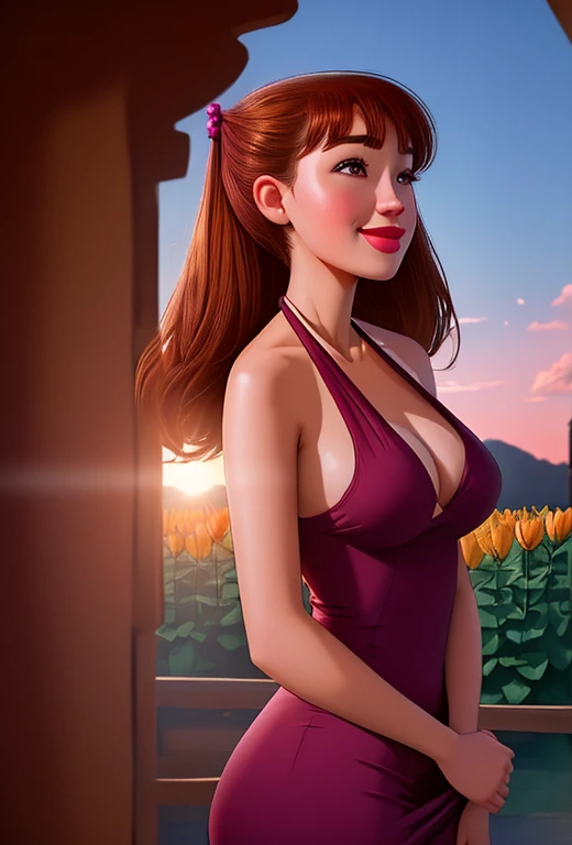 1girl, solo, julia, ((smile)), (college student, college age:1.4), intricate, absurdres, highest quality, extremely detailed, (detailed eyes:1.3), masterpiece, 8k UHD, 4k HDR, RAW photograph, wearing a ((sexy halter dress)), perfect perky breasts, (hairflo...