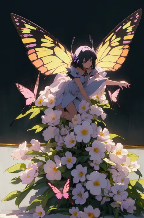 (realistically, 8k, masterpiece, best quality, fine shadows, cinematic, cinematic lighting, ultra high resolution, high quality, extrmely detailed, details, highres, anime style), (sharp edges), graceful gril with butterfly wings, fairyland, ​​flowers, but...