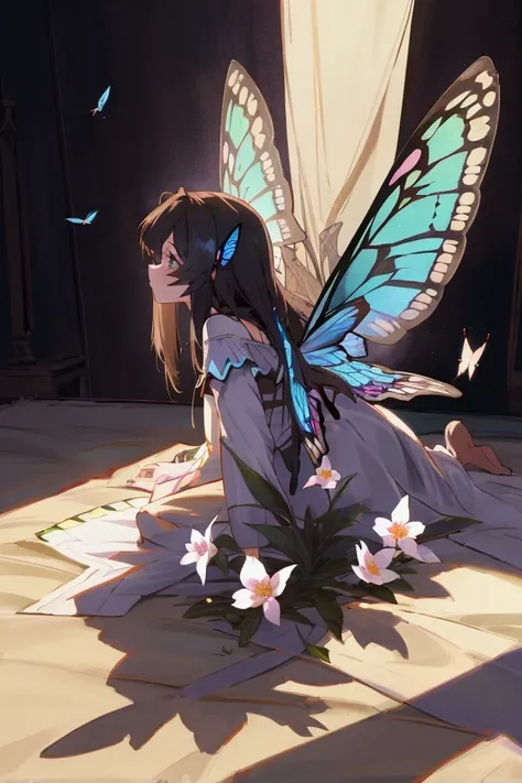 (realistically, 8k, masterpiece, best quality, fine shadows, cinematic, cinematic lighting, ultra high resolution, high quality, extrmely detailed, details, highres, anime style), (sharp edges), graceful gril with butterfly wings, fairyland, ​​flowers, but...