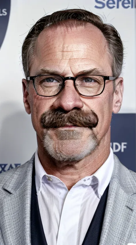 Middle-aged white man with mustache, clear glasses and in an old suit