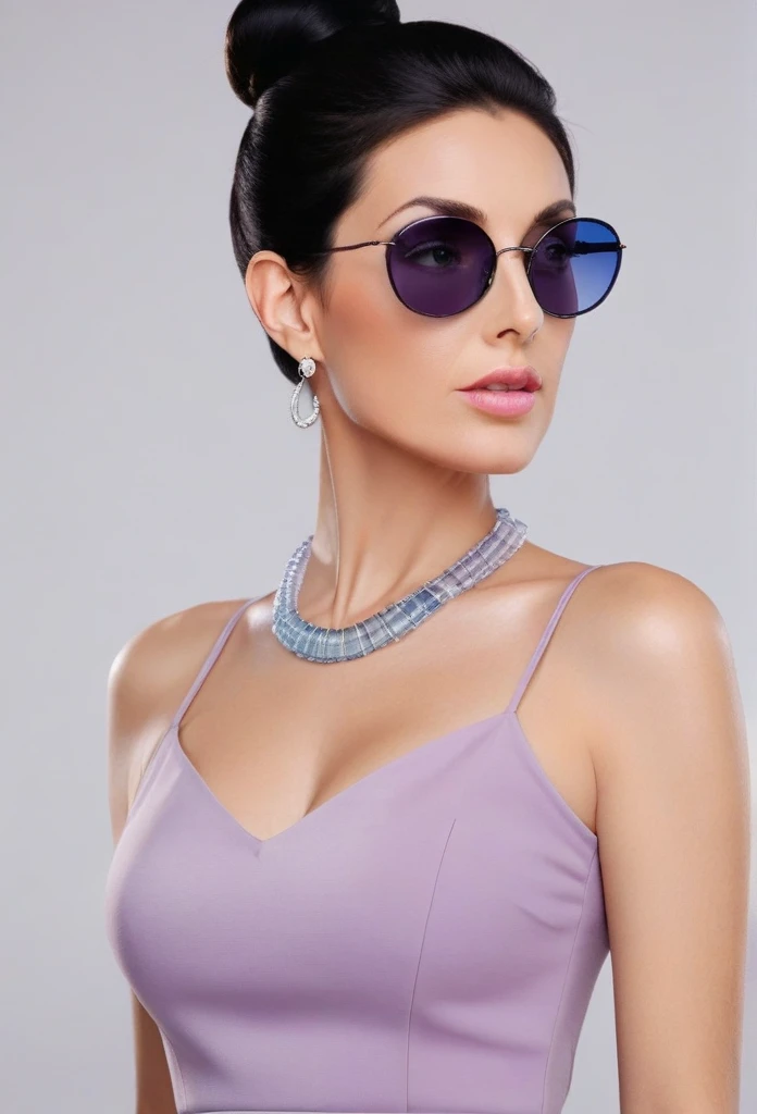 Hot sexy beautiful milf mom , hoops earrings,black hair,long slick back hair,blush,blue eyes, necklace ,one hair bun, lipstick,  a light purple turtleneck, dark, flowing transparent lobg skirt,black sunglasses on head, protruding ass, waist shot, ass to ca...