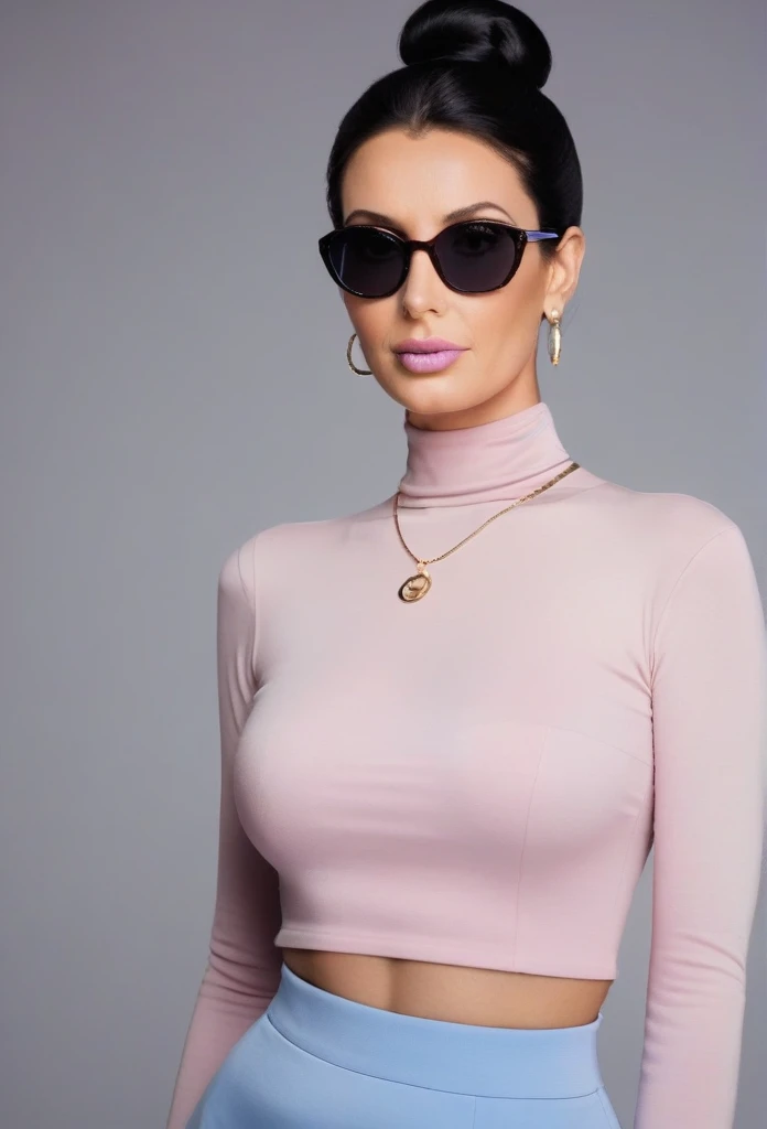 Hot sexy beautiful milf mom , hoops earrings,black hair,long slick back hair,blush,blue eyes, necklace ,one hair bun, lipstick,  a light purple turtleneck, dark, flowing transparent lobg skirt,black sunglasses on head, protruding ass, waist shot, ass to ca...