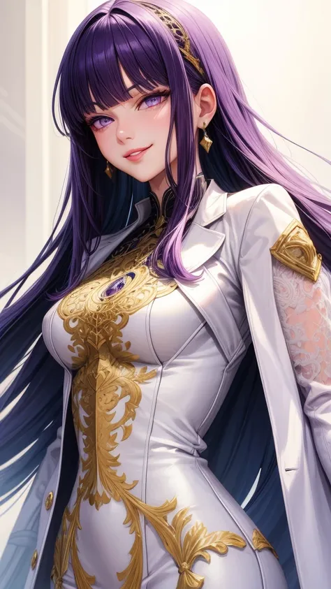 (masterpiece, best quality), intricate details, thin, ((slim)), beautiful girl, purple hair, blunt bangs, light purple eyes, sharp jawline, white coat, long hair, lips, upper body, close up, smirk