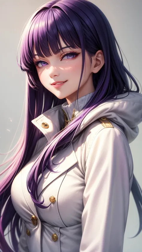 (masterpiece, best quality), intricate details, thin, ((slim)), beautiful girl, purple hair, blunt bangs, light purple eyes, sharp jawline, white coat, long hair, lips, upper body, close up, smirk