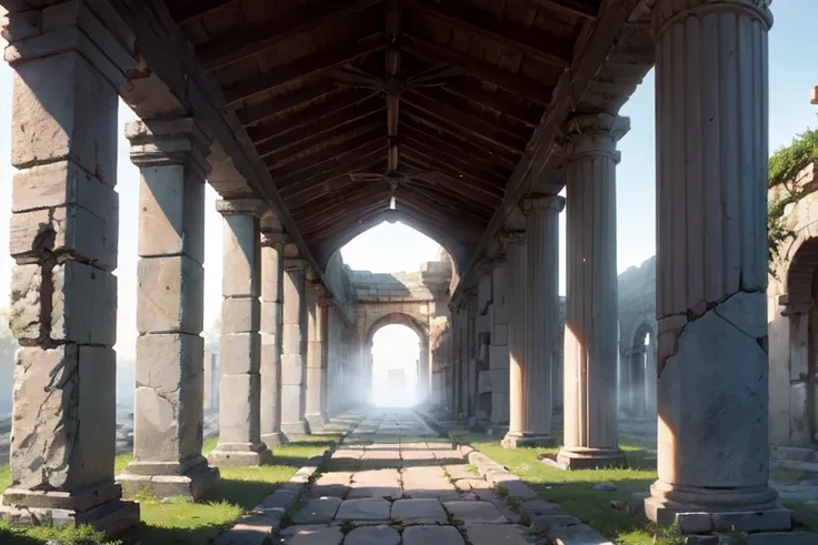 Place ancient ruins in the center of the island、Draws ivy-covered stone buildings and mysterious symbols。As the fog drifts、Pillars of light illuminate the ruins, emphasizing the mysterious atmosphere.。The surrounding area is dotted with weathered buildings...