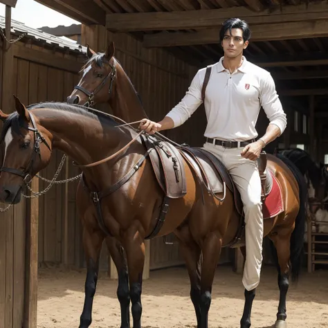 A tall 27 year old man in a red and white long sleve polo shirt and white ridding pants and knee length  black boots. Holding a black horse by the harness with his left hand. He has black hair, brown eyes and light tan skin. He is muscular, athletic, and s...