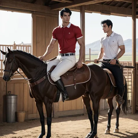 A tall 27 year old man in a red and white long sleve polo shirt and white ridding pants and knee length  black boots. Holding a black horse by the harness with his left hand. He has black hair, brown eyes and light tan skin. He is muscular, athletic, and s...