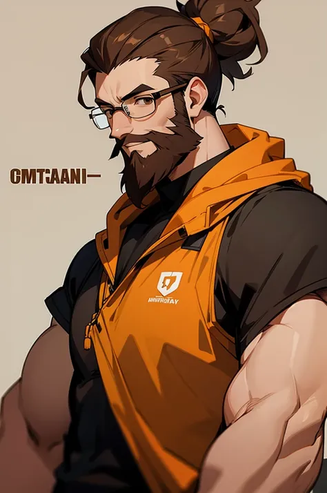 muscular, glasses, brown hair, brown beard, glasses, smirk, school office background, upper body, man bun, brown eyes, cowboy shot,