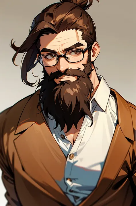 muscular, glasses, brown hair, brown beard, glasses, smirk, school office background, upper body, man bun, brown eyes, cowboy shot,