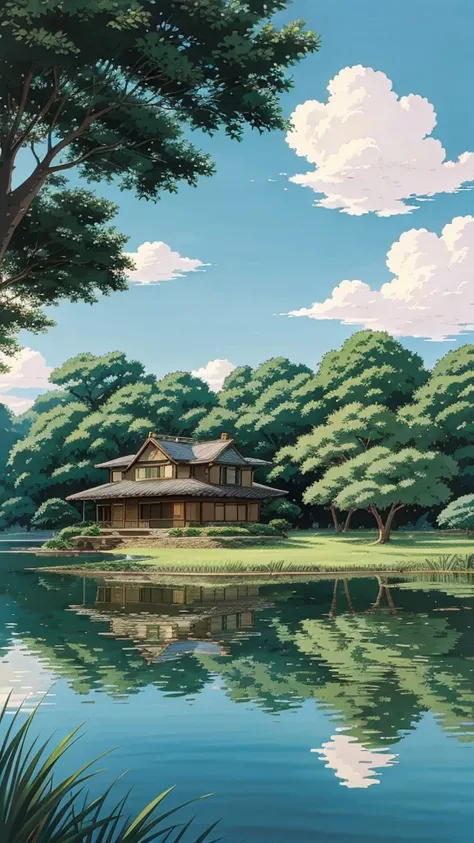 painting of a house and a boat in a lake with a tree, a digital rendering by Miyazaki, pixiv contest winner, fantastic realism, studio ghibli sky, anime countryside landscape, beautifull puffy clouds. anime, beautiful anime scene, house background, ghibli ...