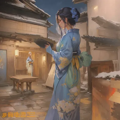 A painting of a woman in a blue kimono standing in a courtyard, artwork in the style of Gwaiz, Gwaiz on pixiv artstation, Gwaiz, Beautiful artwork illustration, Gwaiz on artstation pixiv, Painted in an anime artist&#39;s studio, artstation pixivでトレンド, Trad...