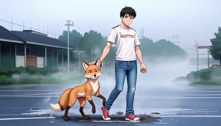 (zPDXL2),  score_9_up, source_anime, 2D, BREAK
1man, solo, fullbody, (fox:1.2), short messy black hair, brown eyes, ((tired face1.5)), ((walking, face to camera, centered pose, holding hand, fog, mist, mistery, book_cover)), (dirt t-shirt, jeans, sport jac...