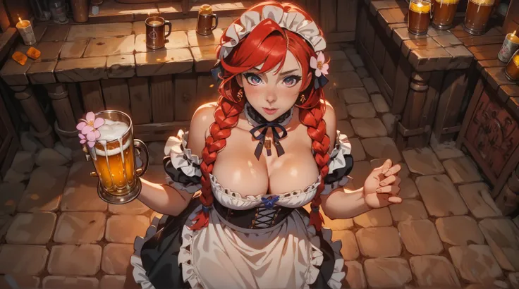  1girl, (solo:1.1), from above, tavern wench, standing, bare shoulders, red hair, braids, large breasts, flower hair, barmaid dress, cute, beautiful eyes, blush, fishnets, sexy pose, looking at viewer, indoor, beer mugs, beer foam, expressiveh 3mpr3ss3